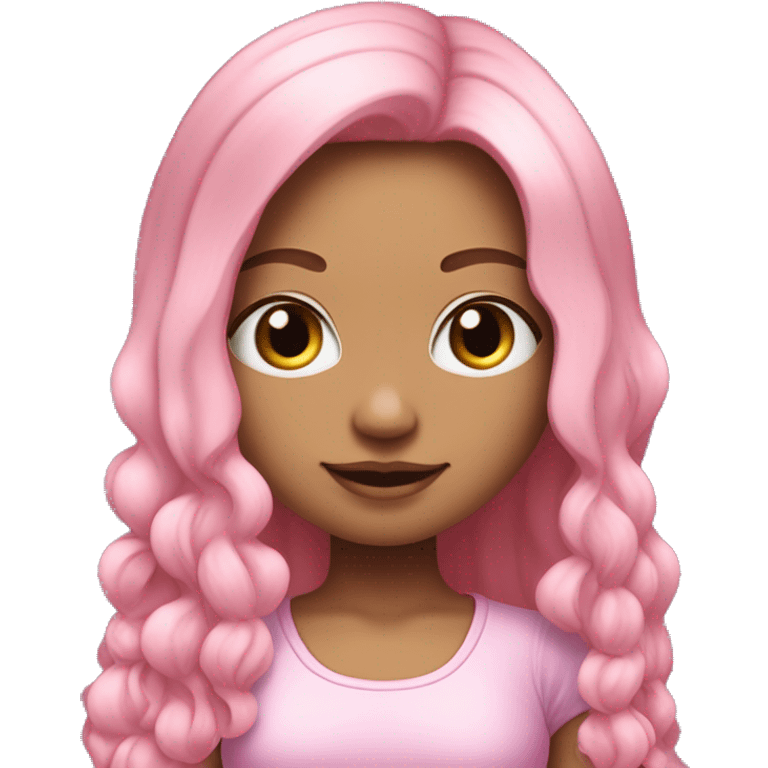 Menina tem cabelo dividido de um lado cabelo rosa do outro lado cabelo Lilás. A menina está usando um vestido rosa claro com detalhes de flores brancas na barra e calçando tênis rosa brilhane emoji