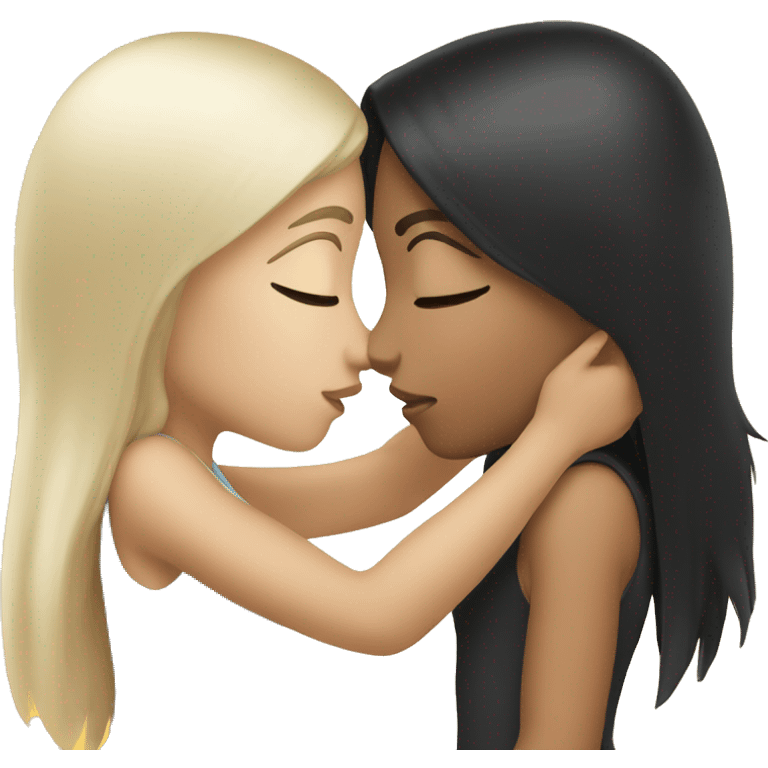 Girls kissing. They have long black hair and white skin color. emoji