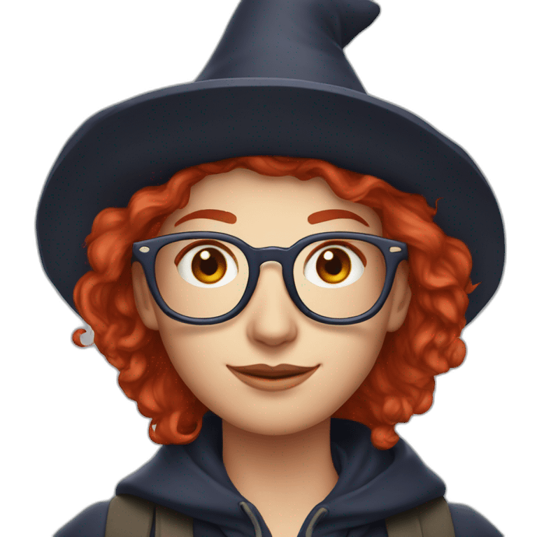 red bull witch journalist with red hair, rectangle eyeglasses and wizards hat emoji