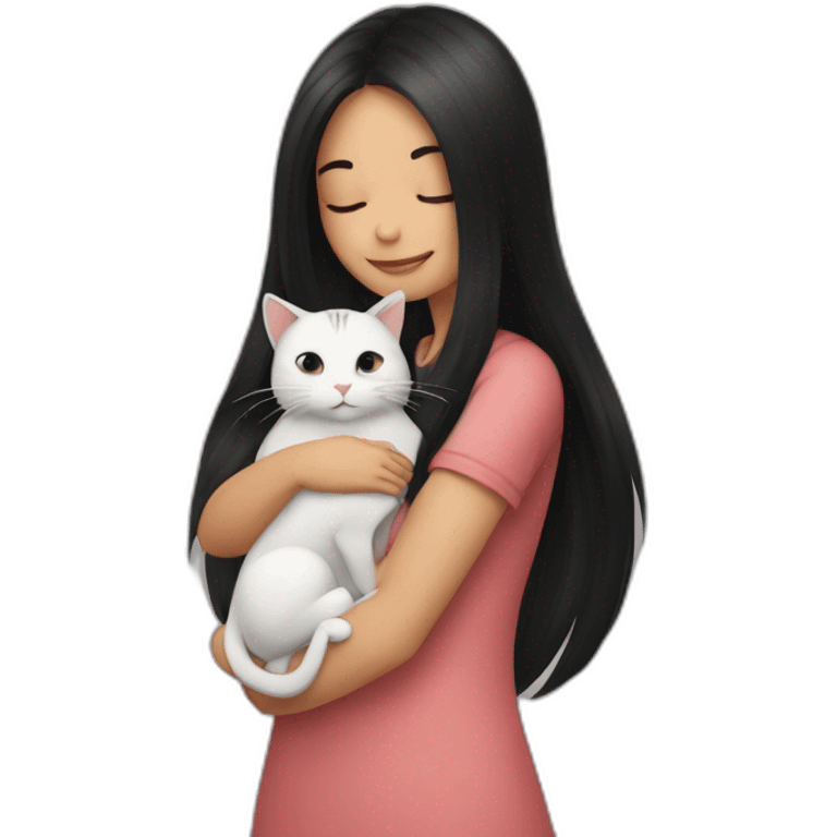 A girl with long black hair hugging a beautiful cat emoji