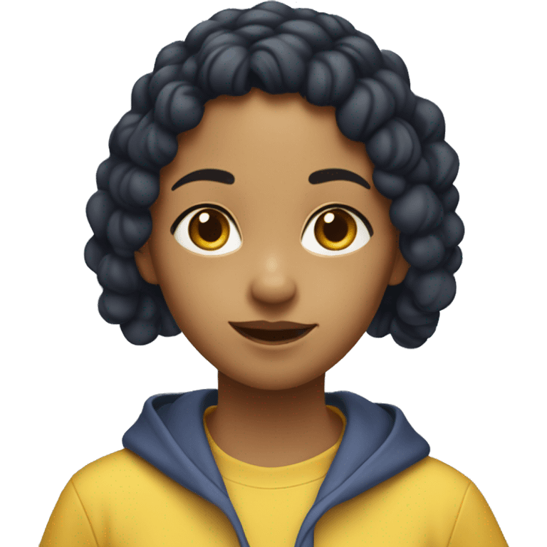 girl eating blueberries she has black hair and two braids. Her hair colour is black, but her texture of her hair is curly and wavy, and she looks south Asian, and she has light brown skin and she is wearing a yellow hoodie. emoji