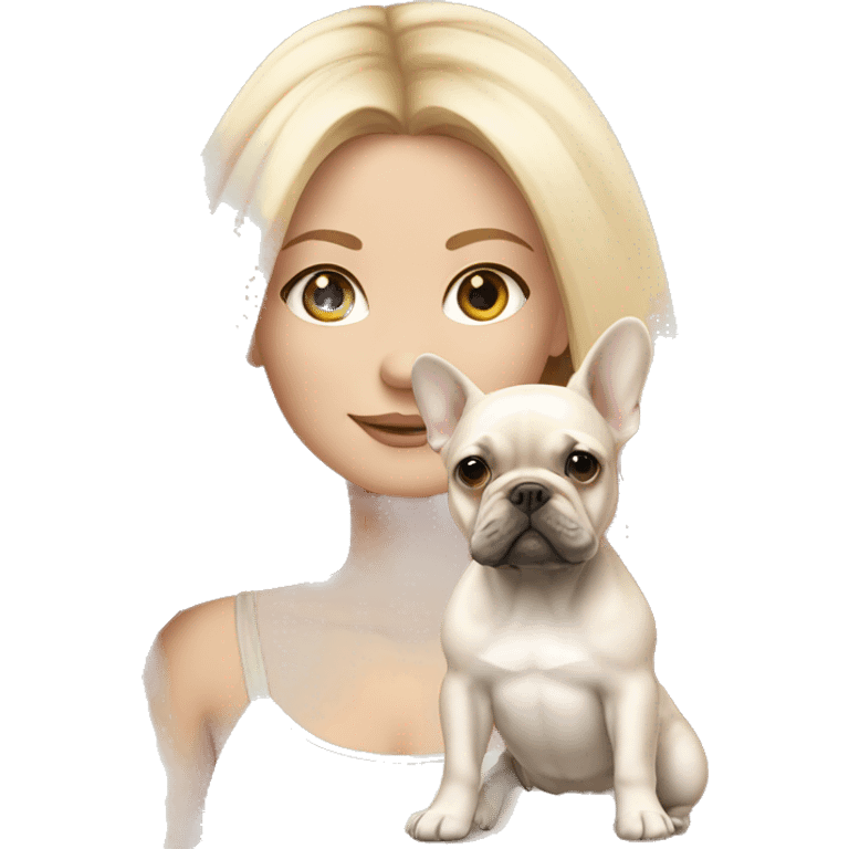 blonde girl with very long hair with beige but whiter French bulldog puppy emoji