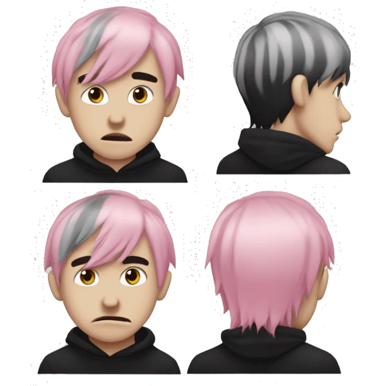 Create an emoji of an emo guy with split-dyed hair (one side pastel pink, the other side black), wearing black clothes and a subtle sad expression, inspired by the style of Lil Peep. emoji