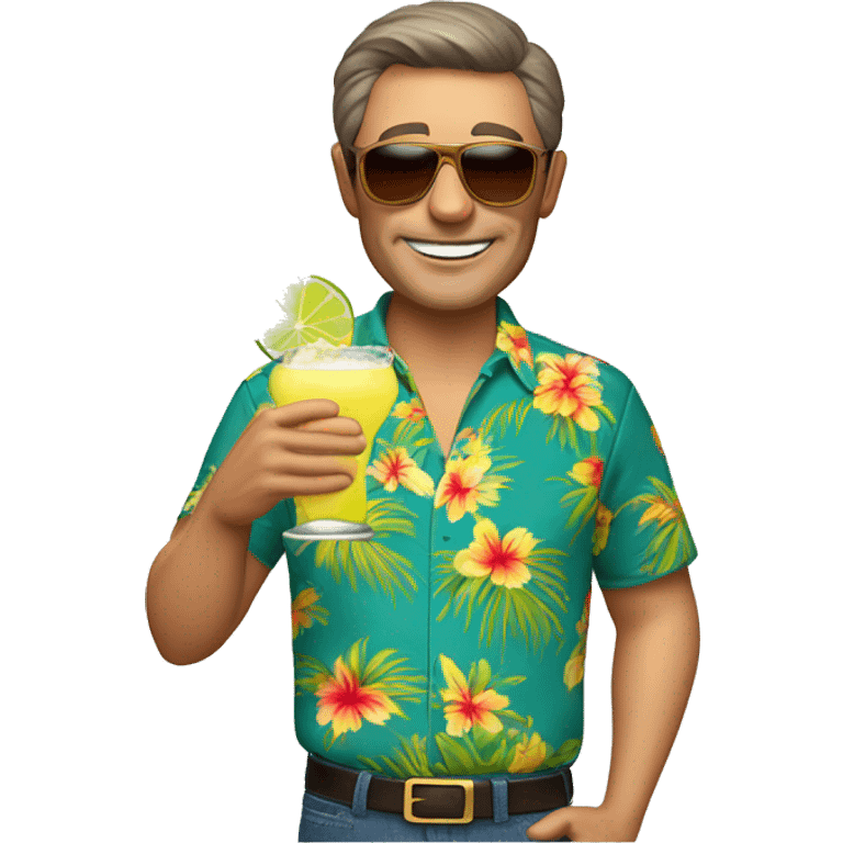 Man in his 50’s with short brown hair wearing a Hawaiian shirt, wearing sunglasses and drinking a margarita emoji