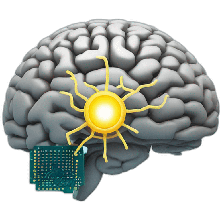 Brain with glowing neurons and computer chip on top emoji