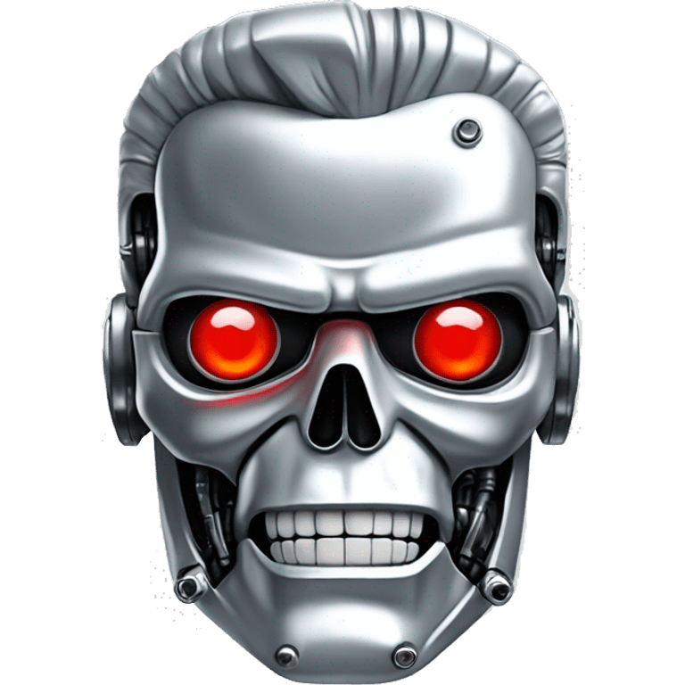 Emoji of a Terminator T-800, looking straight, 2d animation, red eyes, made of metal, white background,  emoji