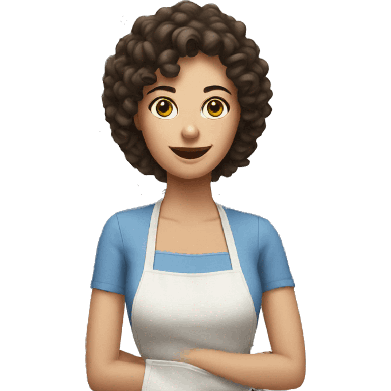 White woman with dark brown curly hair cooking emoji