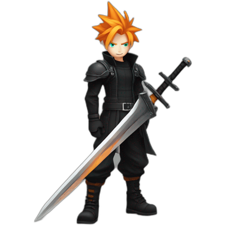 cloud strife with orange hair. Black clothes full body  emoji