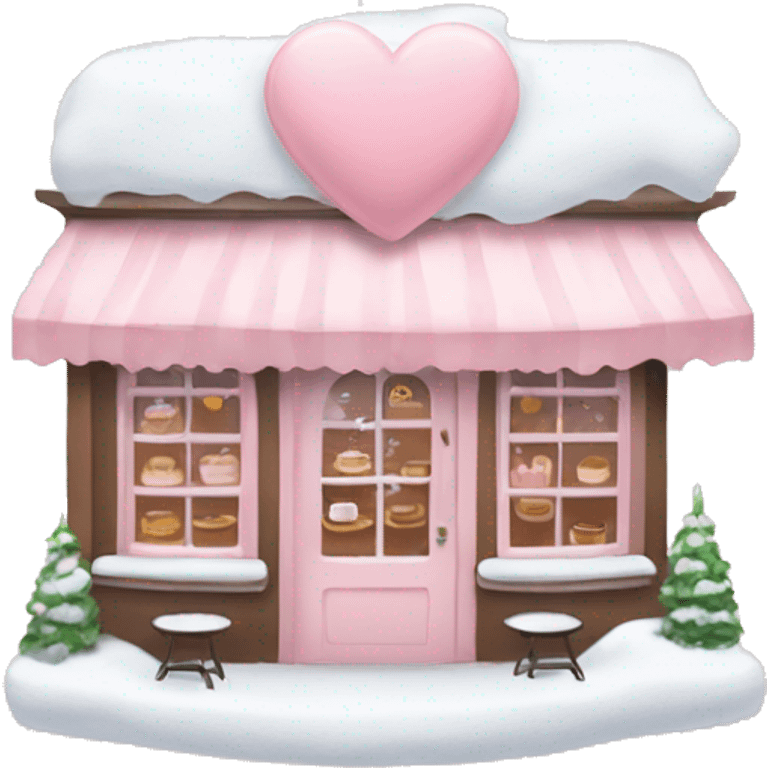 pale pink coffee shop covered in snow heart emoji