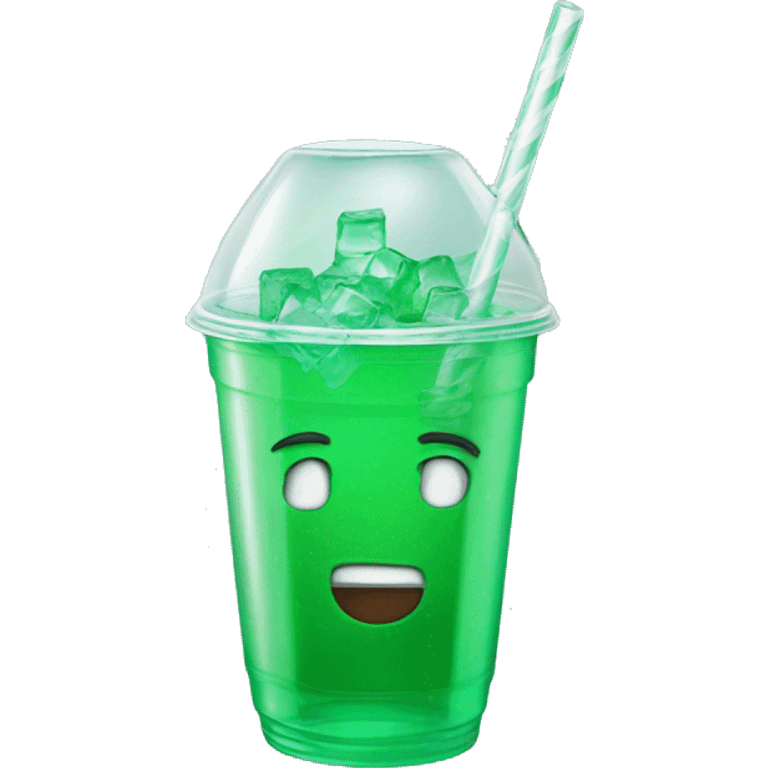 Realistic plastic cup and lid with Transluscent green soda and large ice cubes inside and one straw through the top of the lid. emoji