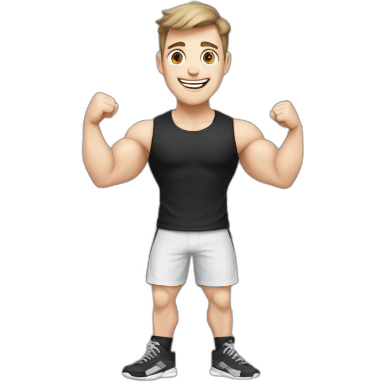 Joyful Celebrating victory Pale skinned Fit Man With the biceps and dark brown hair in black shirt, gray sports shorts and white Sneakers emoji