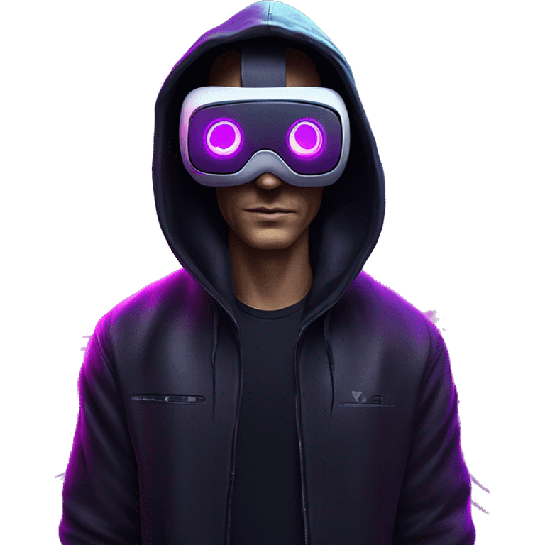 Russian man wearing a black hoodie with "OMG" letters on it and VR headset in a cyberpunk VR environment with violet neon lighting. emoji