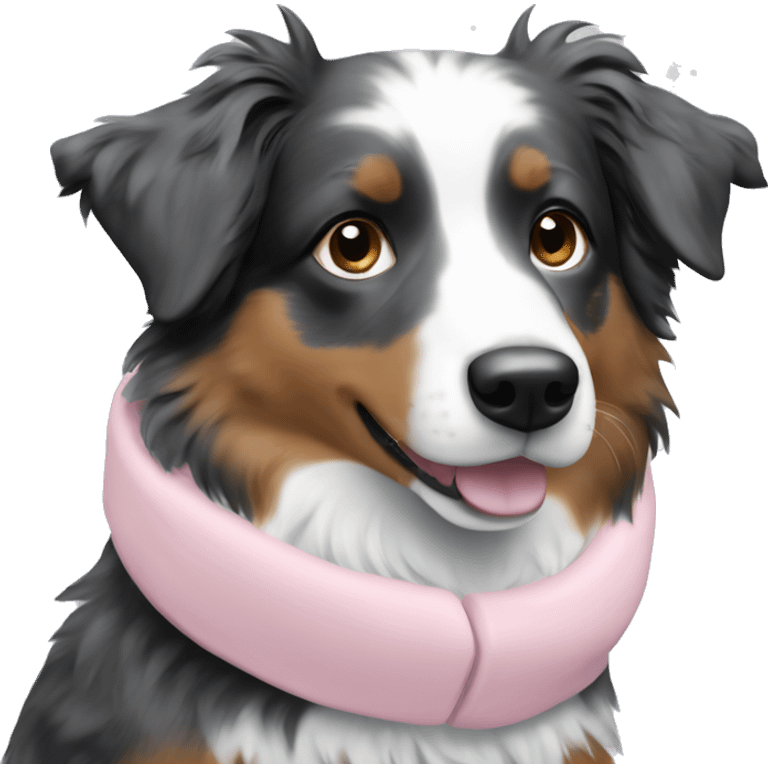 Mini Australian Shepherd with light pink snow gear emoji