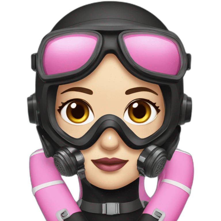 woman with brown eyes, pink diving mask with a single crystal. underwater black suit emoji