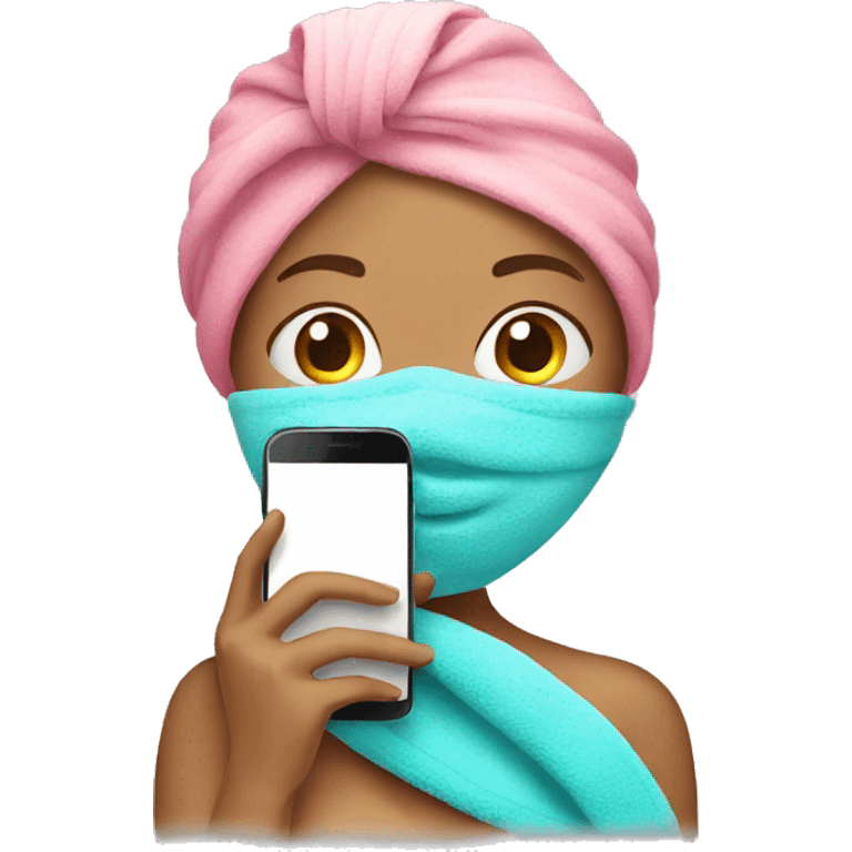 Woman holding a cell phone and wearing a towel on her head  emoji