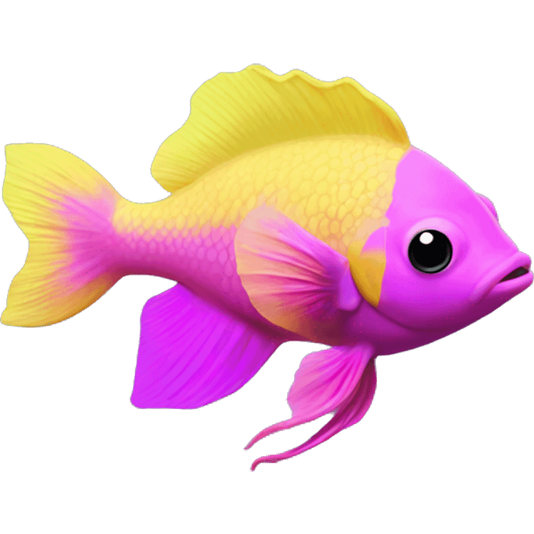 royal gramma tiny fish with purpleish pink front face and half front of body, neon yellow back half and black dot on top fin emoji