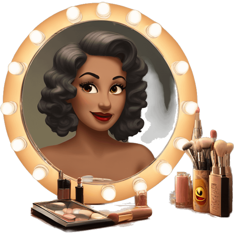 Old fashioned wood vanity with vintage makeup with moviestar mirror with old lights around the mirror  emoji