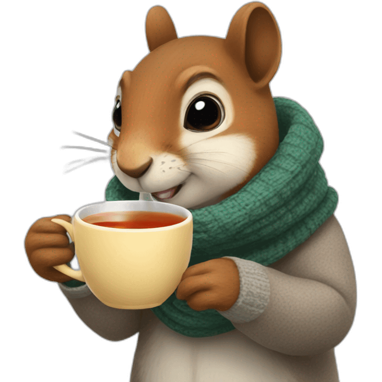 squirrel is sick drinking tea with a scarf on his throat emoji