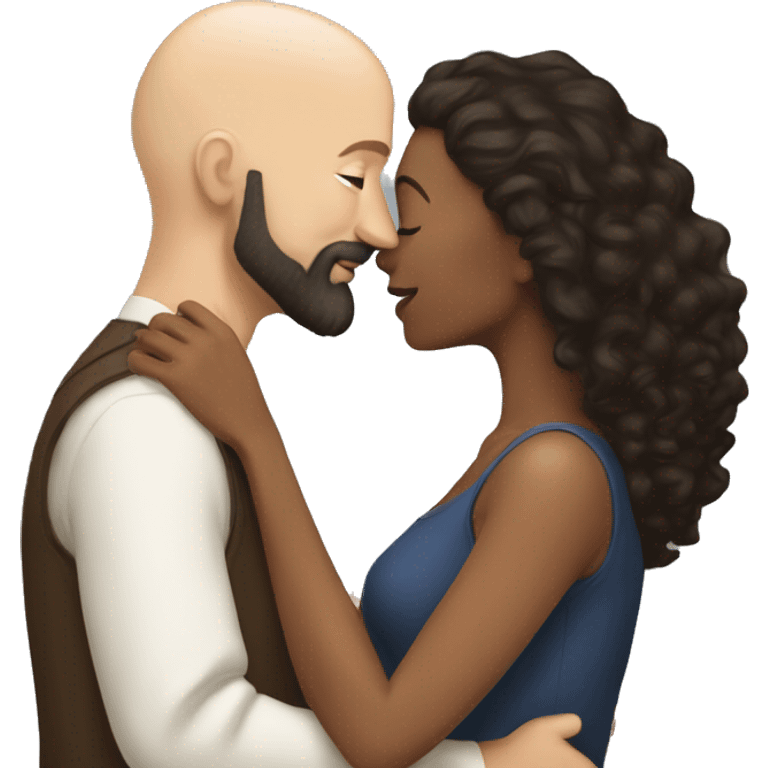 White Man bald with dark beard kissing short brown woman with long dark wavy hair emoji