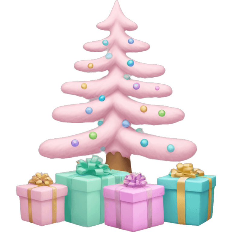 pastel pink christmas tree with pastel presents under it emoji