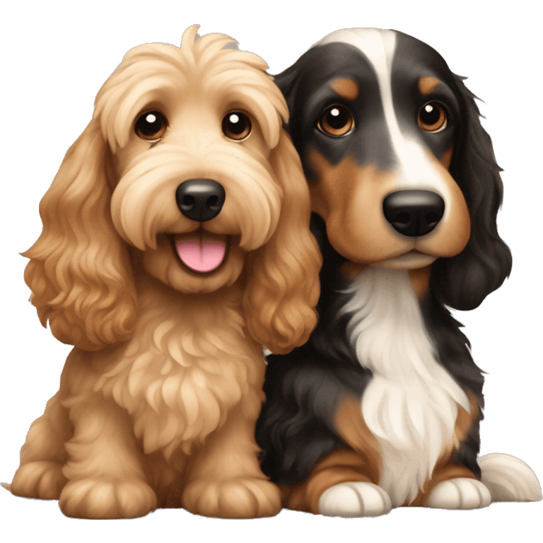 Brown golden doodle and black and tan and cream longhair dachshund sitting together  emoji