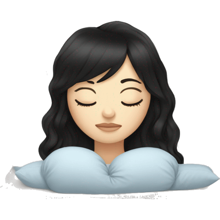 Woman pale skin black hair with bangs sleeping in bed with pillow, white woman emoji