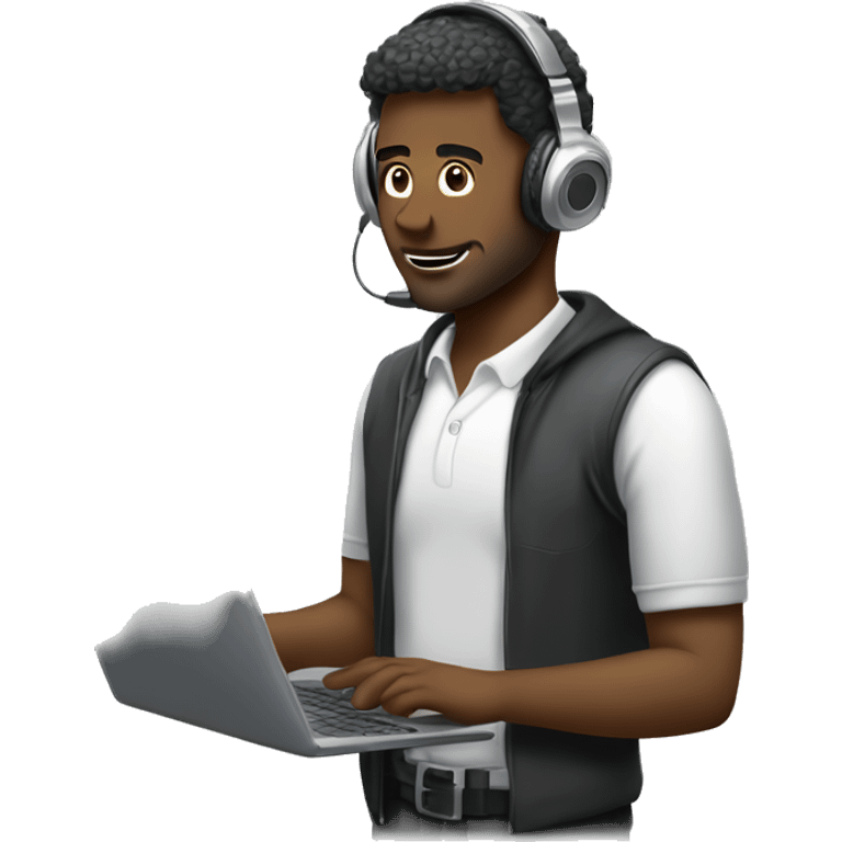 man in headphones talking hold laptop and phone only upper part of body  emoji