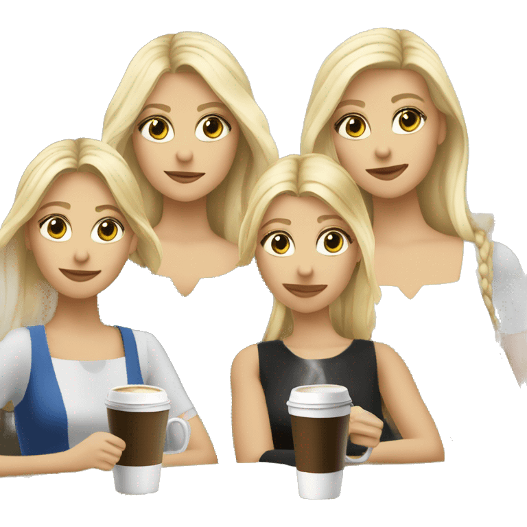 Four beautiful white european girls, one with blond hair and two dark blond hair in dresses have coffee emoji