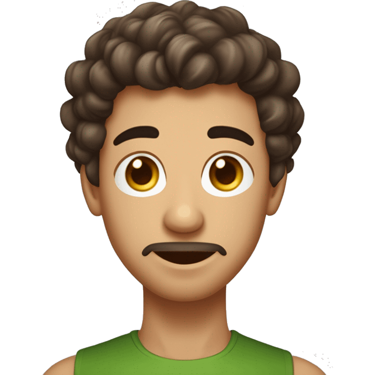 Sexe masculin. Cheveux brun foncé clair, bouclés, qui descendent jusqu'aux oreilles. Teint clair. Yeux marron vert. Visage ovale avec un léger bouc. Expression légèrement sérieuse avec sourcils froncés. Ajoute des AirPods. emoji