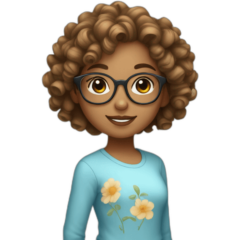 Cute light brown skin girl with curly hair and glasses wearing a light blue top emoji