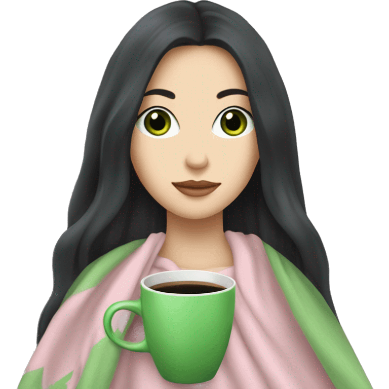 A pretty white girl with very long black hair and green eyes in a light pink blanket sipping coffee emoji