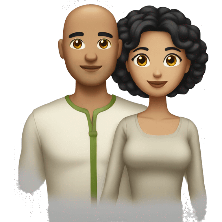 A couple. The woman has shoulder length black hair. The man has olive skin and a shaved head emoji