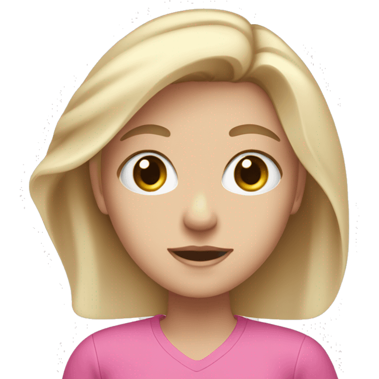 a blue eyed white dark blond hair girl wearing a pink shirt holding an iphone  emoji