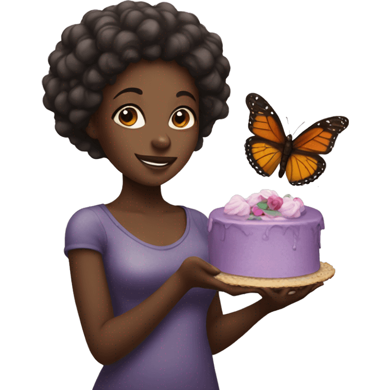 Black girl holding a butterfly with a cake emoji