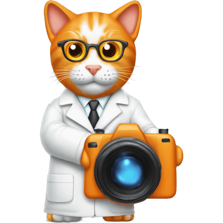 Orange cat scientist taking a photo with a really big camera while wearing a lab coat emoji