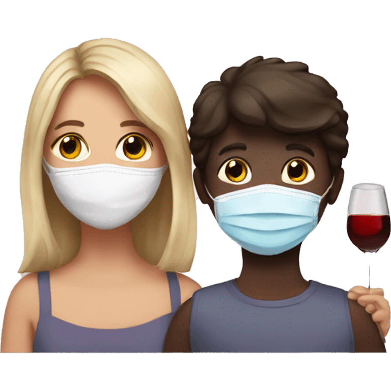 Boy and a girl, best friends with face masks on drinking wine  emoji