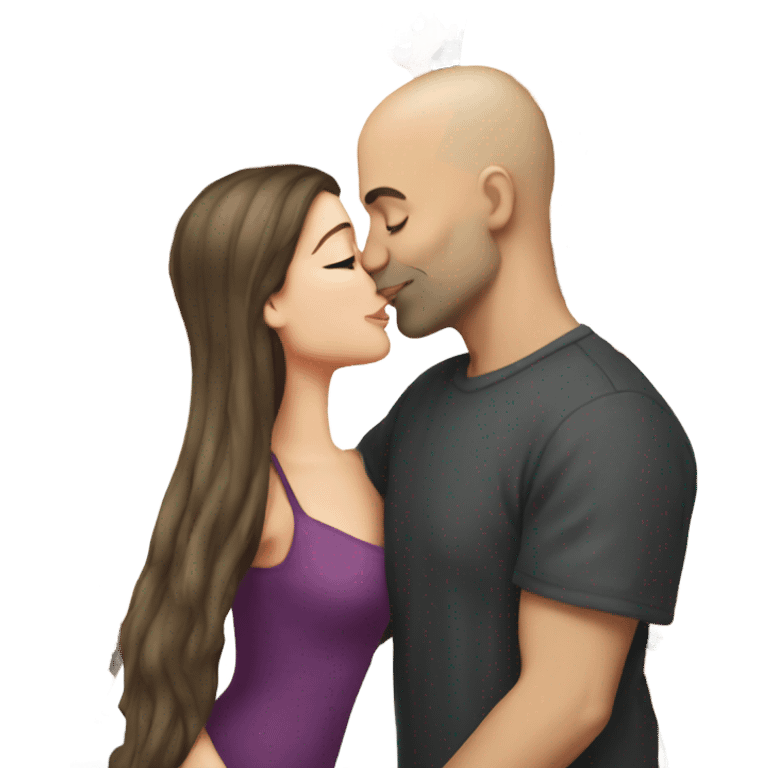 White girl dark hair kissing mixed bald man emoji