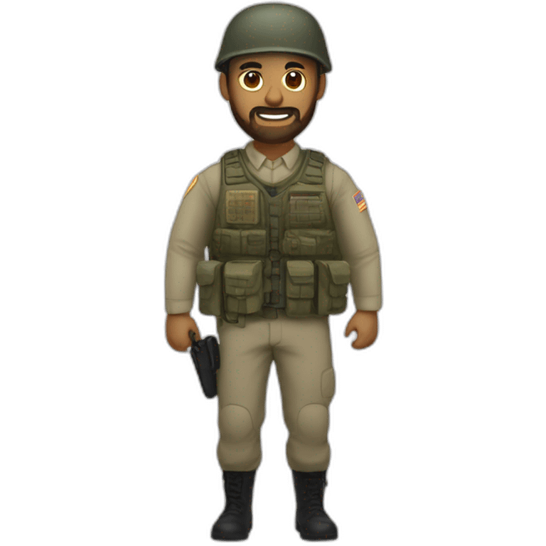 soldier with a beard, a part in hair, a white collared shirt, a bow tie, bulletproof vest with an american flag emoji