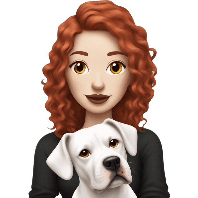 Long Red haired woman with septum piercing holding black and white English Staffordshire dog emoji