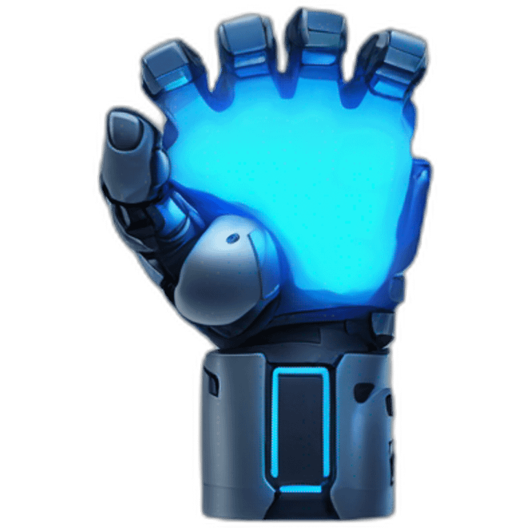 robotic fist with the pinky, pointer finger, and thumb outstretched, with dark blue glow emoji