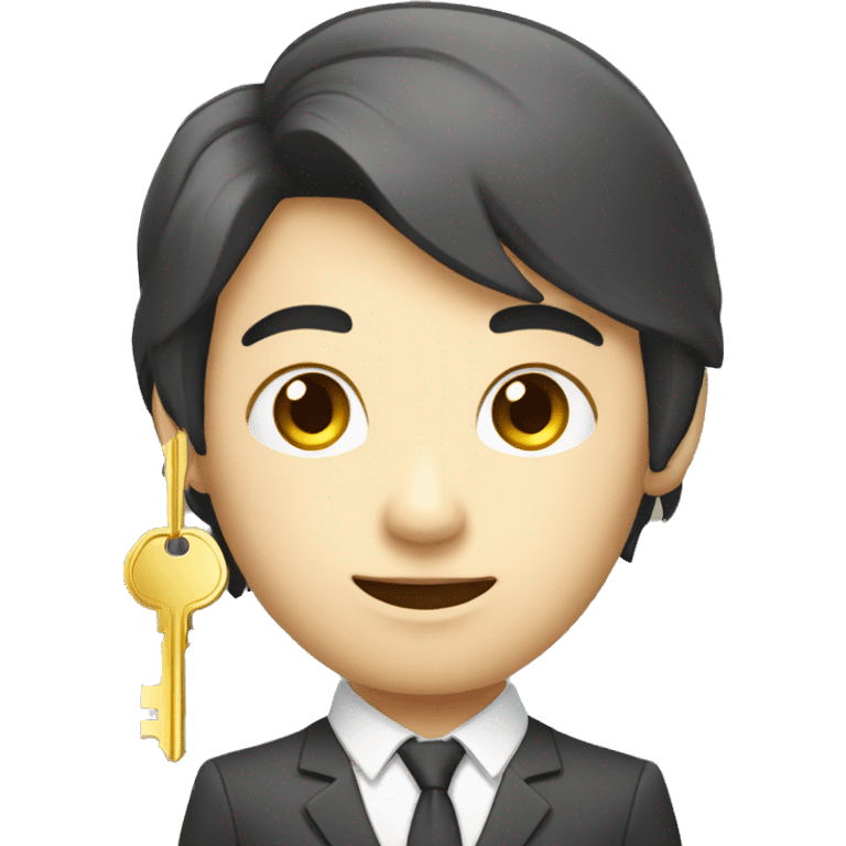 skinny eyed asian realtor with hair handing a gold key emoji