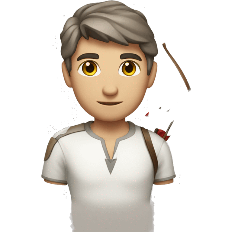 a male archer with a bow, wearing a white shirt, very short brown hair, bright skin, only show upper part of the body from waist up emoji