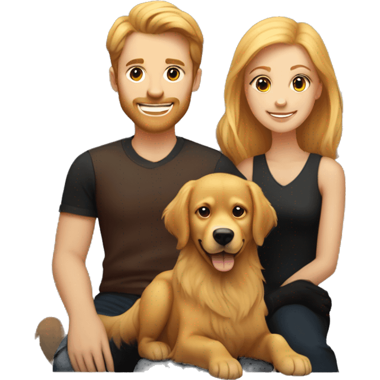 Family portrait with a smiling blonde woman,  red-haired man,  golden retriever sitting beside them, and  black cat sitting in front. emoji