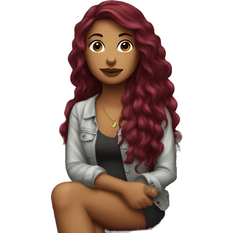 Beautiful tattooed burgundy long haired woman sitting on a bench emoji