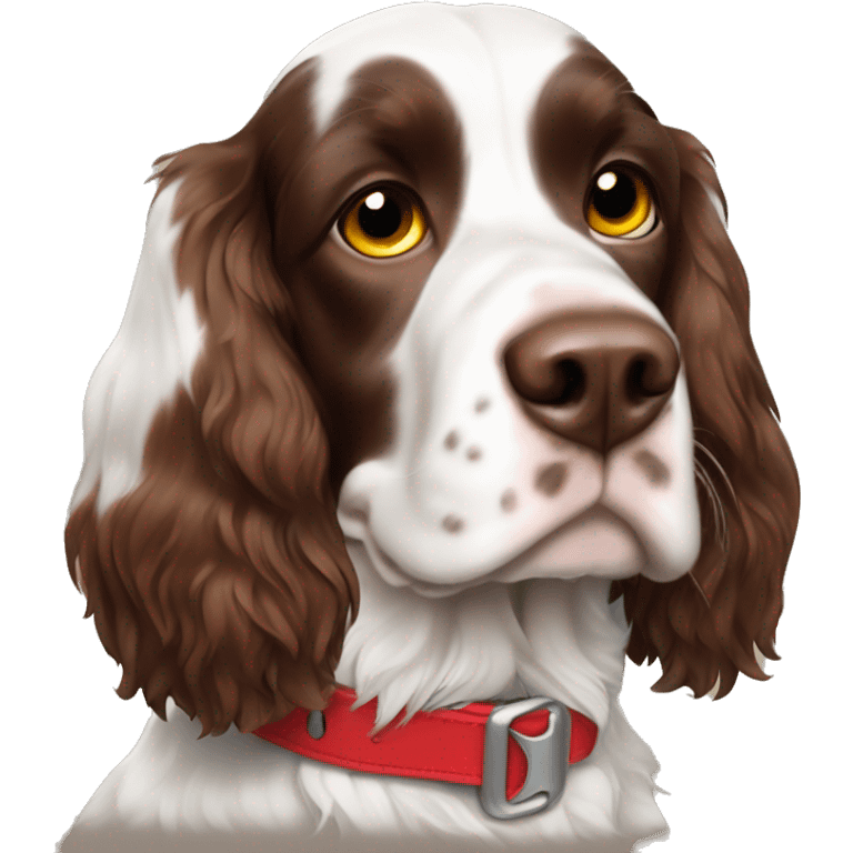 A brown and white English springer spaniel in a red collar he has yellow eyes emoji