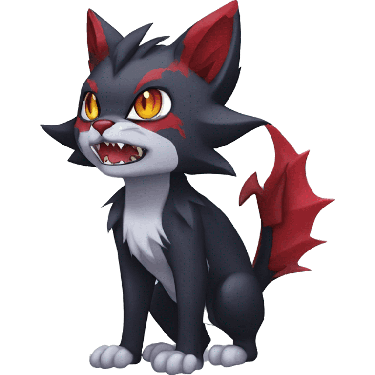   cool edgy fantasy anime-style dark animal vampiric Litten-Zoroark-Nargacuga-cat-hybrid Fakemon with big fangs and bat-ears full body emoji