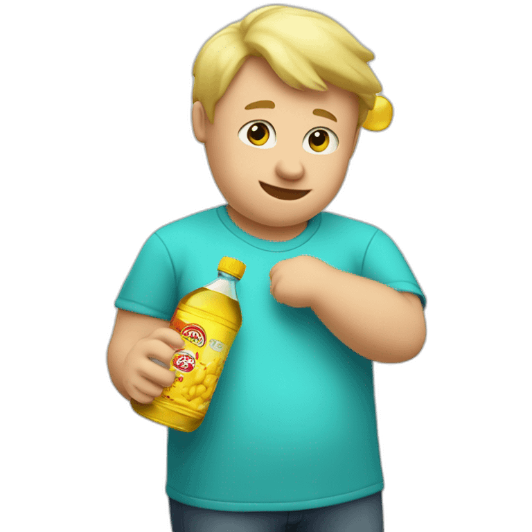 Very Fat blonde boy in a cyan shirt holding a bottle of cooking oil emoji