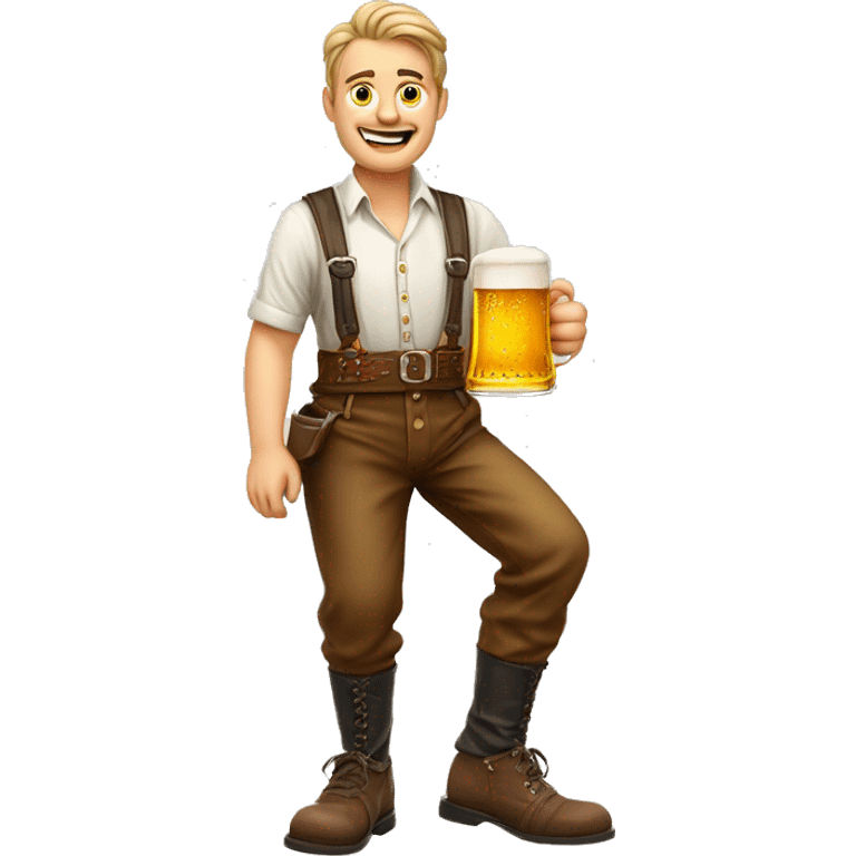 German man wearing Lederhosen, suspenders, haferl shoes holding a pint of beer in the hands emoji