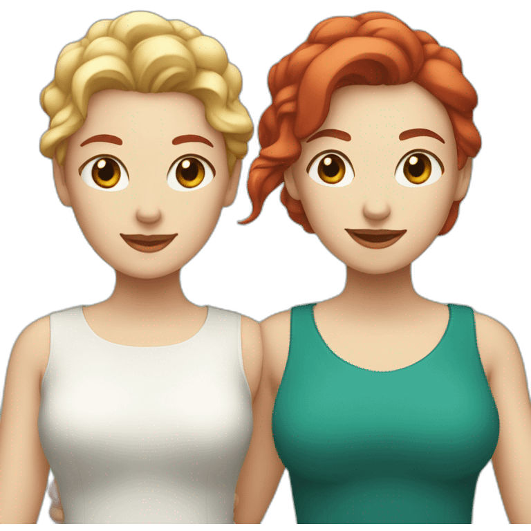 Two white women holding hands, one with medium length red hair, one with short teal hair emoji