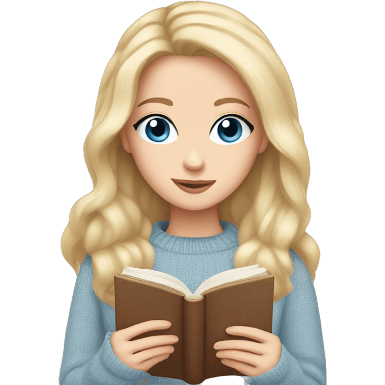 Pretty blue eyed white girl with light pink sweater reading cozy emoji